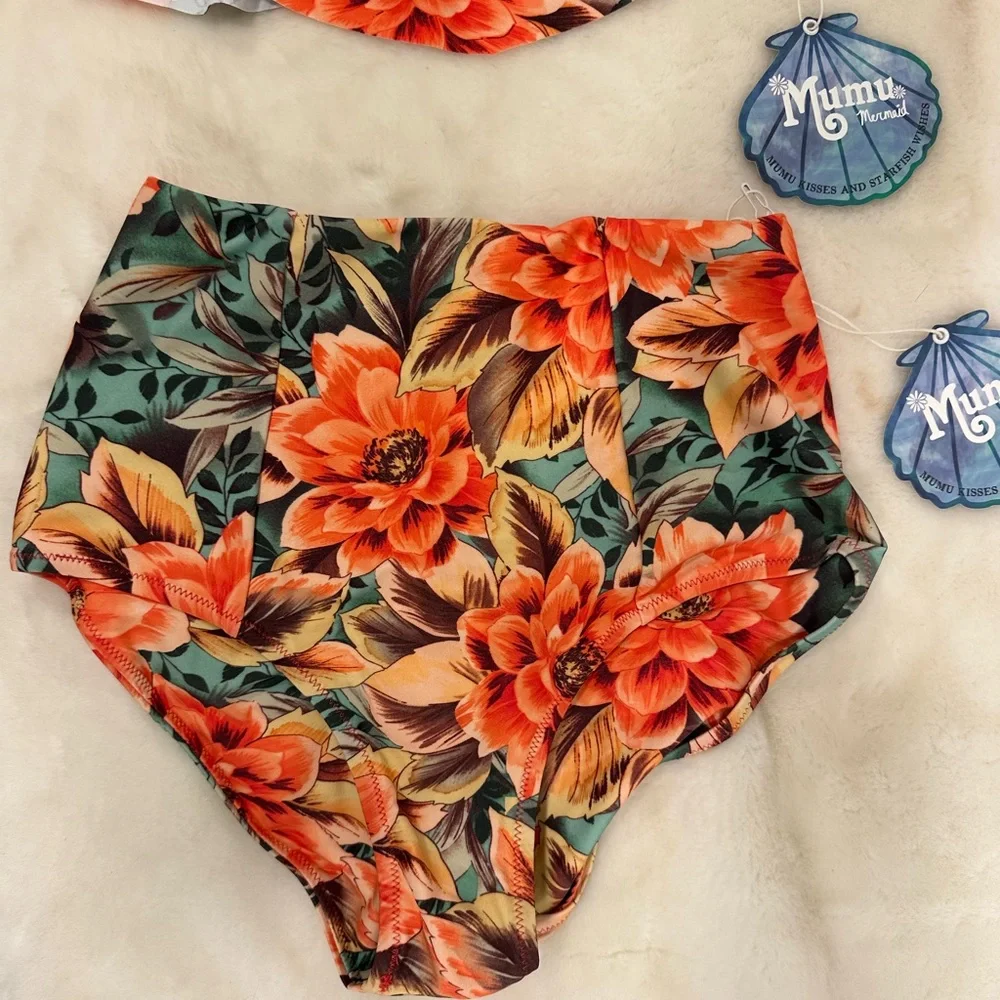 Show Me Your Mumu Orange Floral Bikini Set with Green Leaf Print Size small NWT